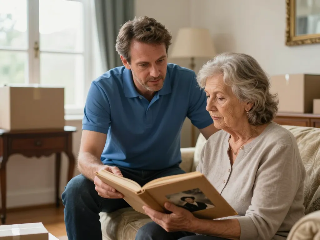 Un professionnel du débarras apporte un soutien bienveillant à une cliente âgée pour trier des objets lors d'une succession.