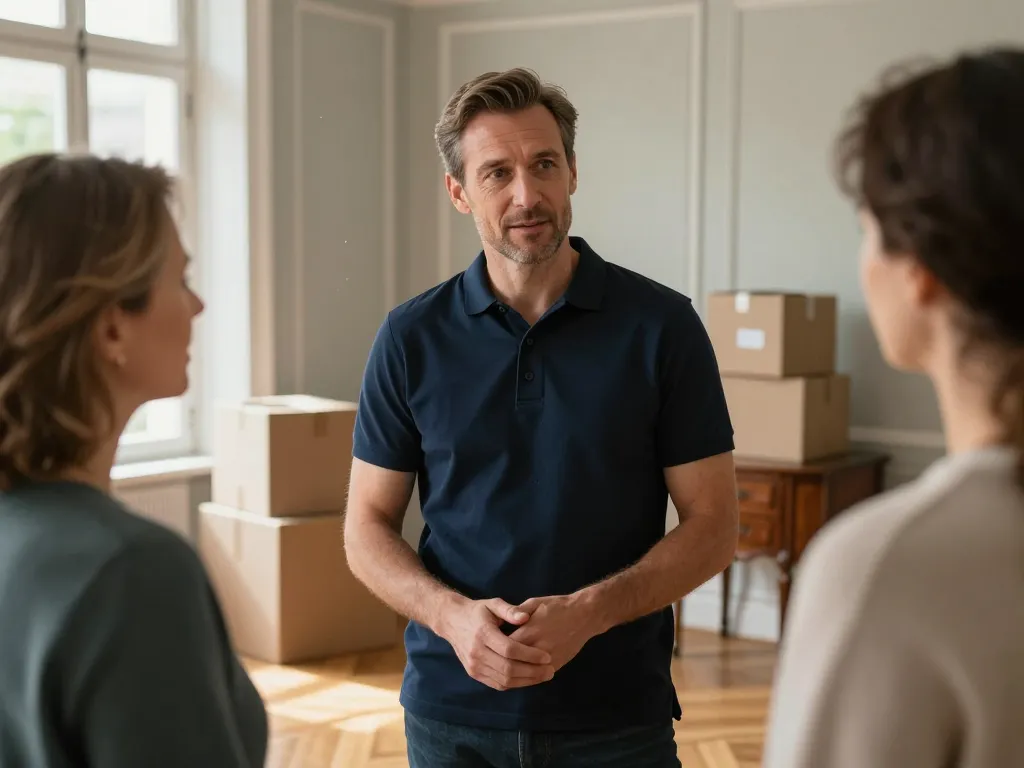 Agent professionnel offrant un accompagnement bienveillant à une cliente lors d'un débarras de succession dans un appartement des Hauts-de-Seine.