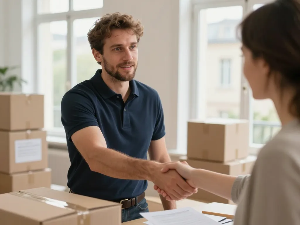 Un agent de débarras professionnel apporte son soutien et son expertise à une cliente dans un appartement ancien lors d'une succession délicate.