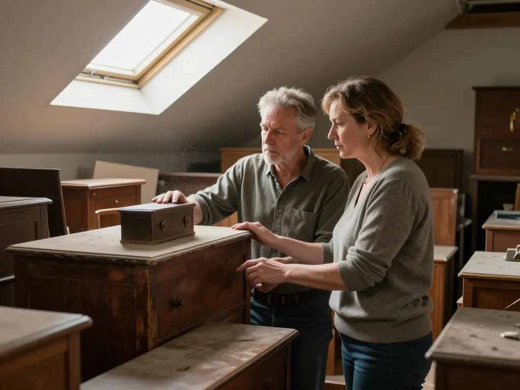 Couple évaluant l'encombrement d'objets anciens dans un grenier avant une prestation de débarras.