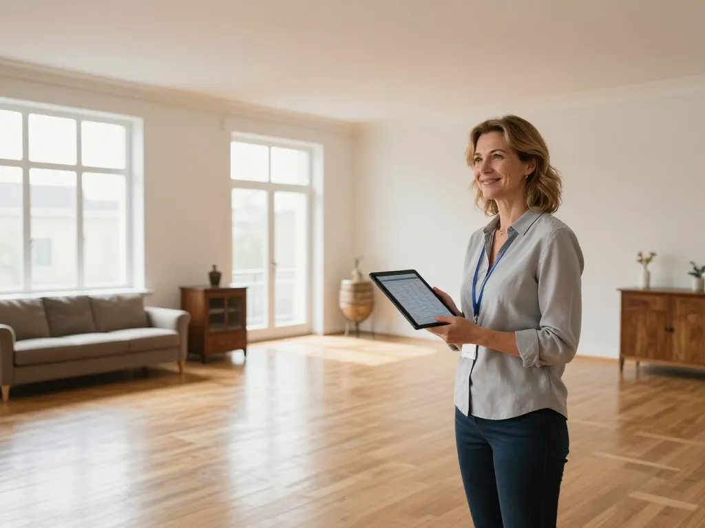 Un professionnel du débarras et une cliente dans un grand salon vide et propre après une prestation de nettoyage et de rachat d'antiquités.