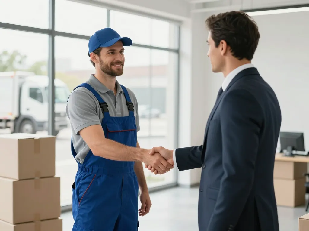 Professionnel du débarras serrant la main d'un responsable d'entreprise dans un bureau dégagé et lumineux.