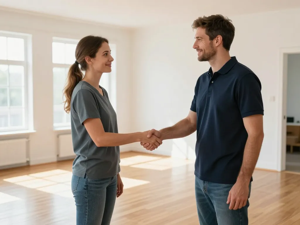 Professionnel du nettoyage et cliente satisfaite dans une maison vide et propre après un débarras complet.
