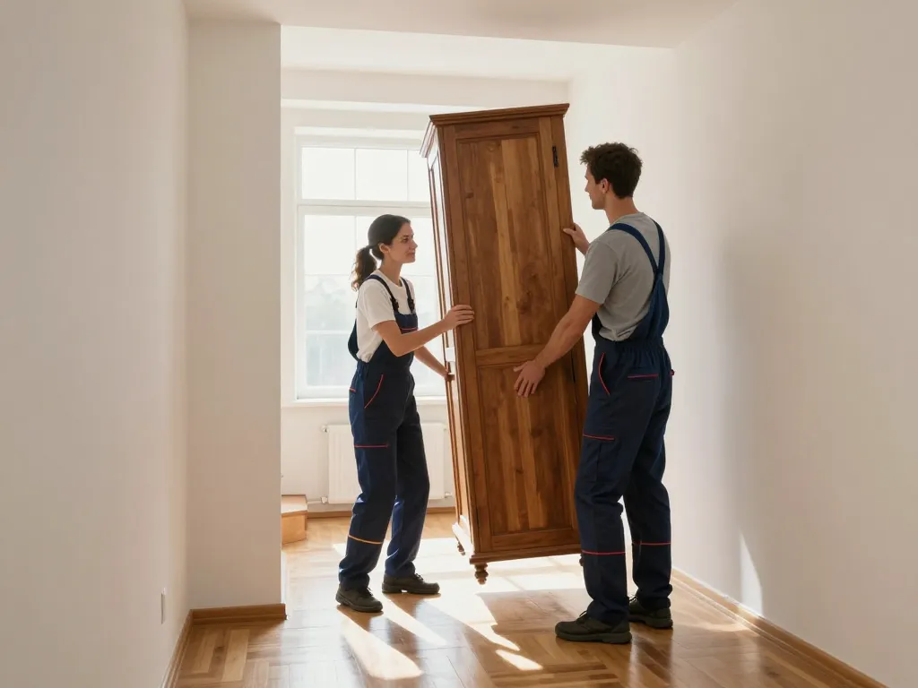 Équipe de professionnels du débarras déplaçant avec soin un meuble encombrant dans un escalier étroit menant à une pièce vide et parfaitement nettoyée.