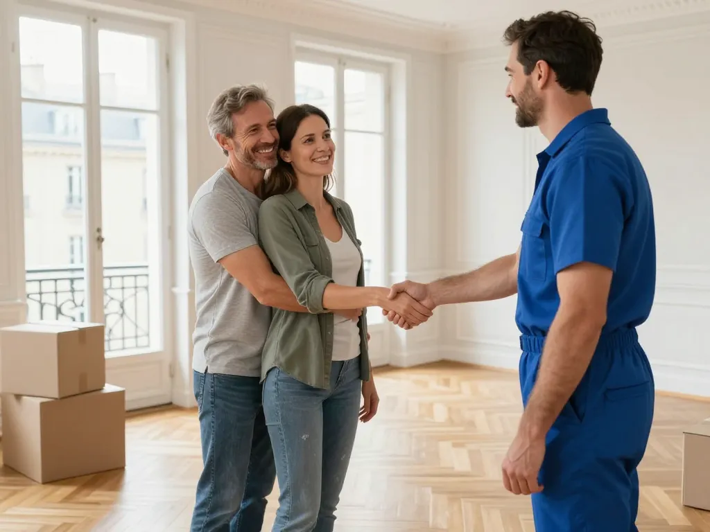 Couple de clients souriants et satisfaits dans un appartement parisien spacieux et parfaitement vidé après une prestation de débarras professionnel.