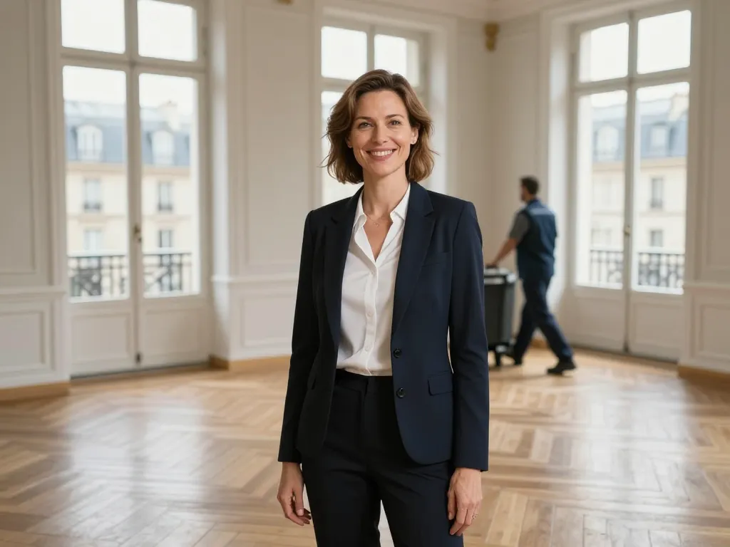 Une cliente satisfaite devant une pièce vide et propre d'un appartement parisien après un service de débarras professionnel.