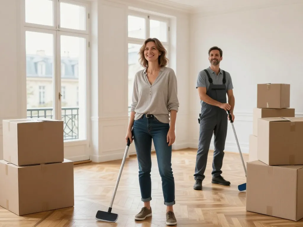 Un couple souriant et soulagé dans un grand appartement parisien lumineux en cours de vidage par un service professionnel.