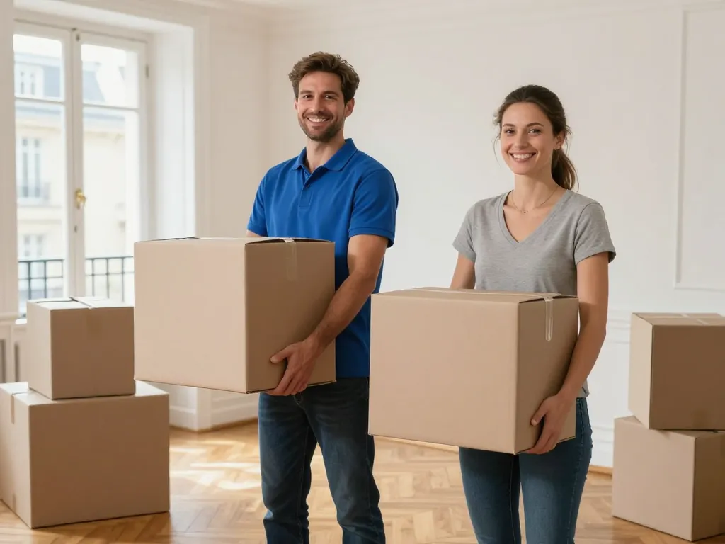 Équipe de professionnels vidant un appartement parisien avec soin et efficacité dans une ambiance lumineuse.