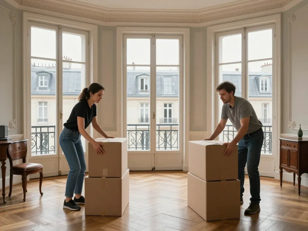 Équipe de professionnels en plein débarras d'un appartement parisien de style Haussmannien.