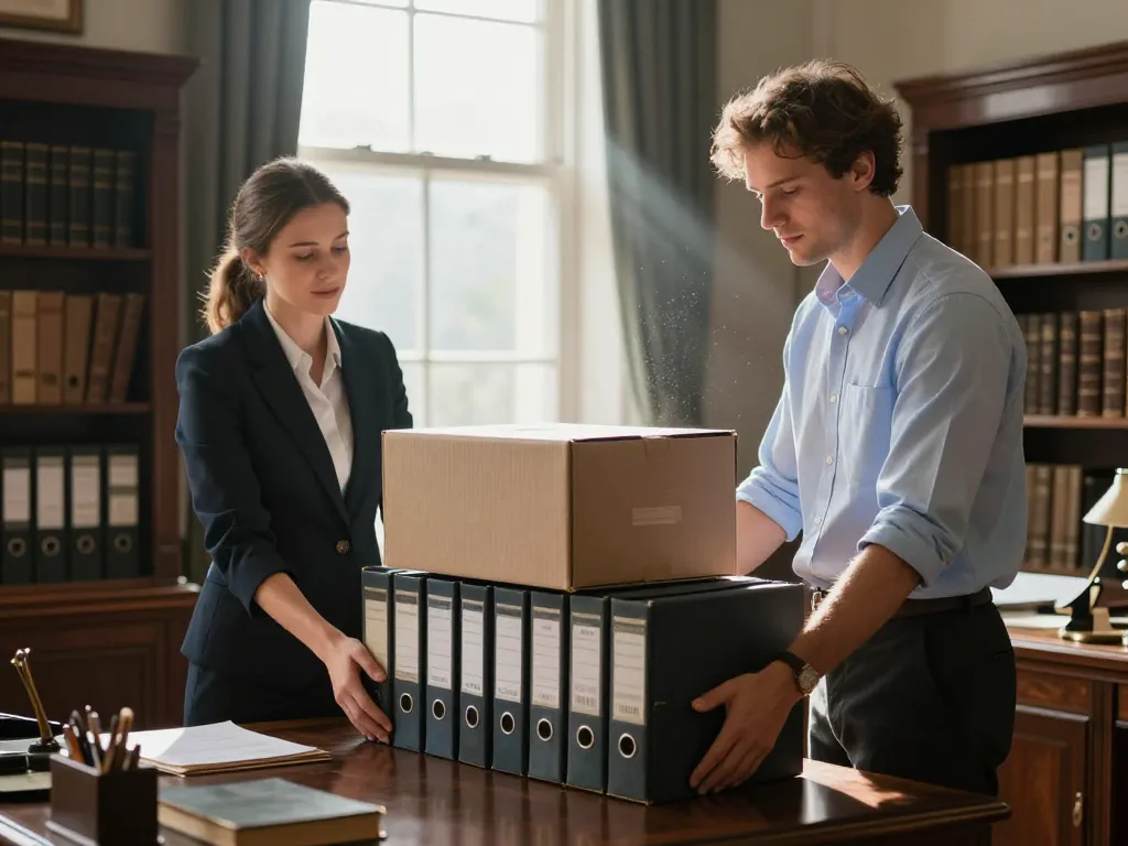 Professionnels du débarras intervenant avec soin et discrétion dans un bureau lors d'une succession.