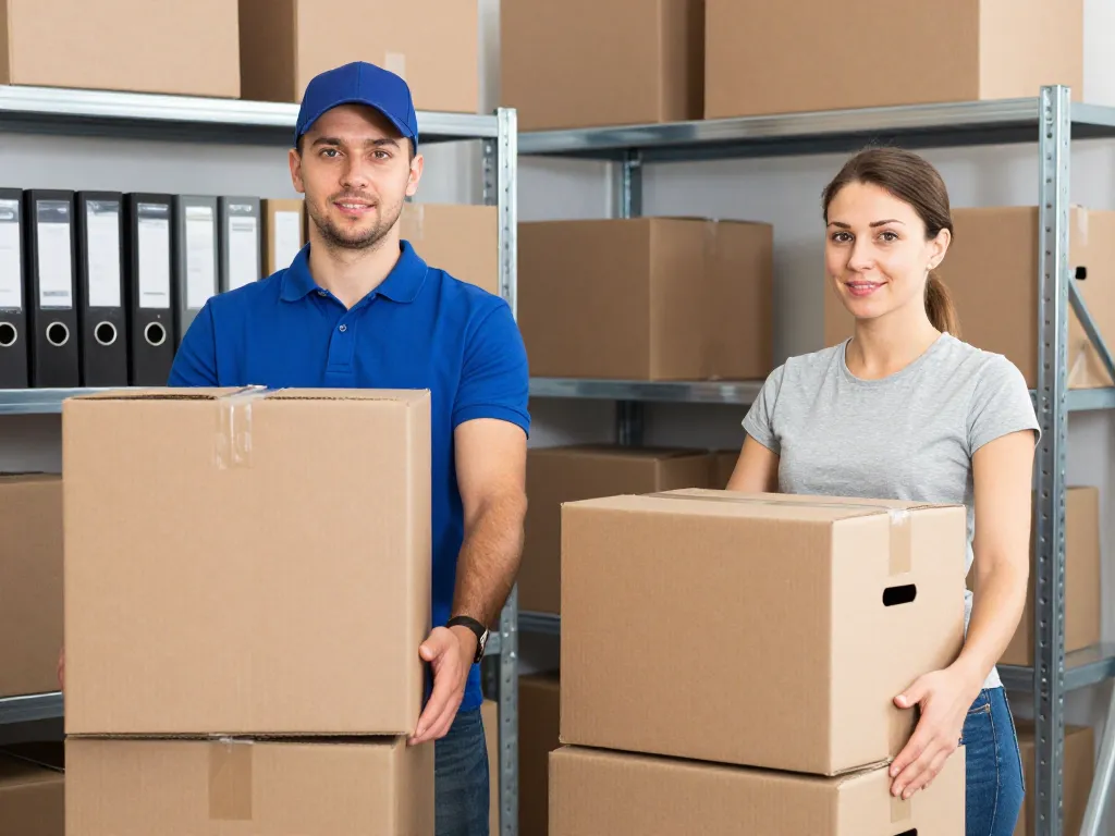 Deux agents de débarras professionnels en train de vider et d'organiser des cartons d'archives dans un local de stockage d'entreprise.