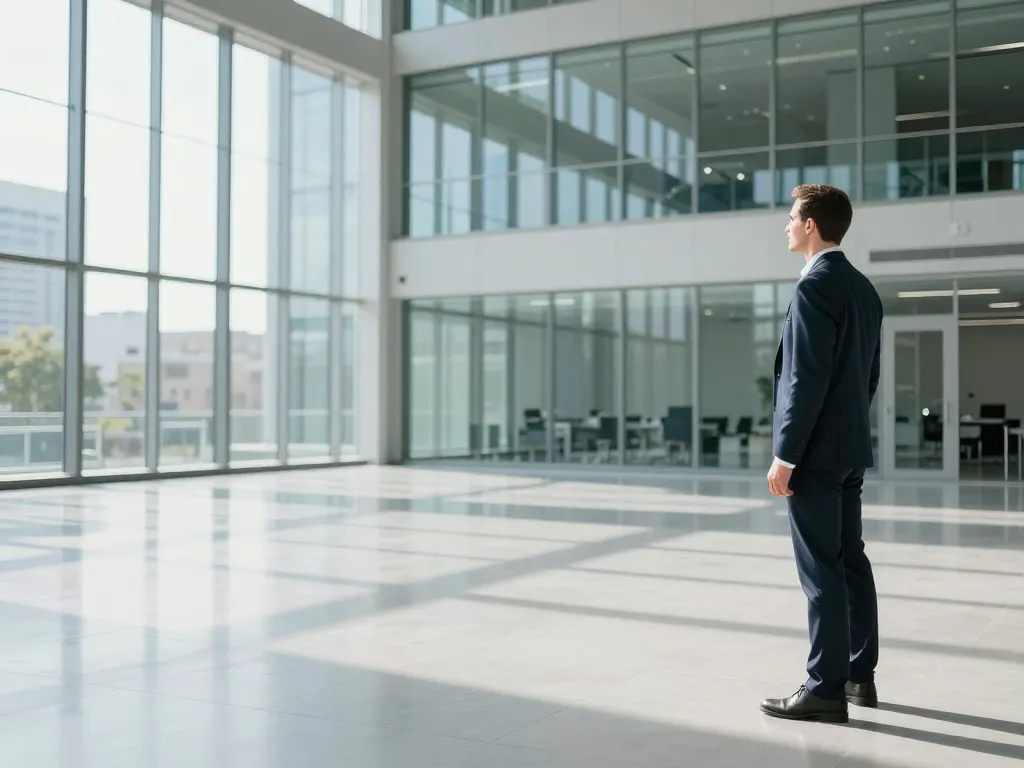 Bureaux professionnels entièrement vidés et nettoyés après une prestation de débarras, offrant un grand espace de travail lumineux et propre.