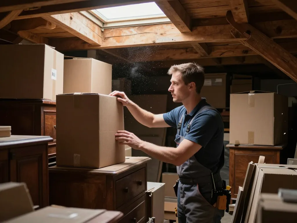 Grenier très encombré de vieux meubles et cartons avant une intervention de débarras professionnel.