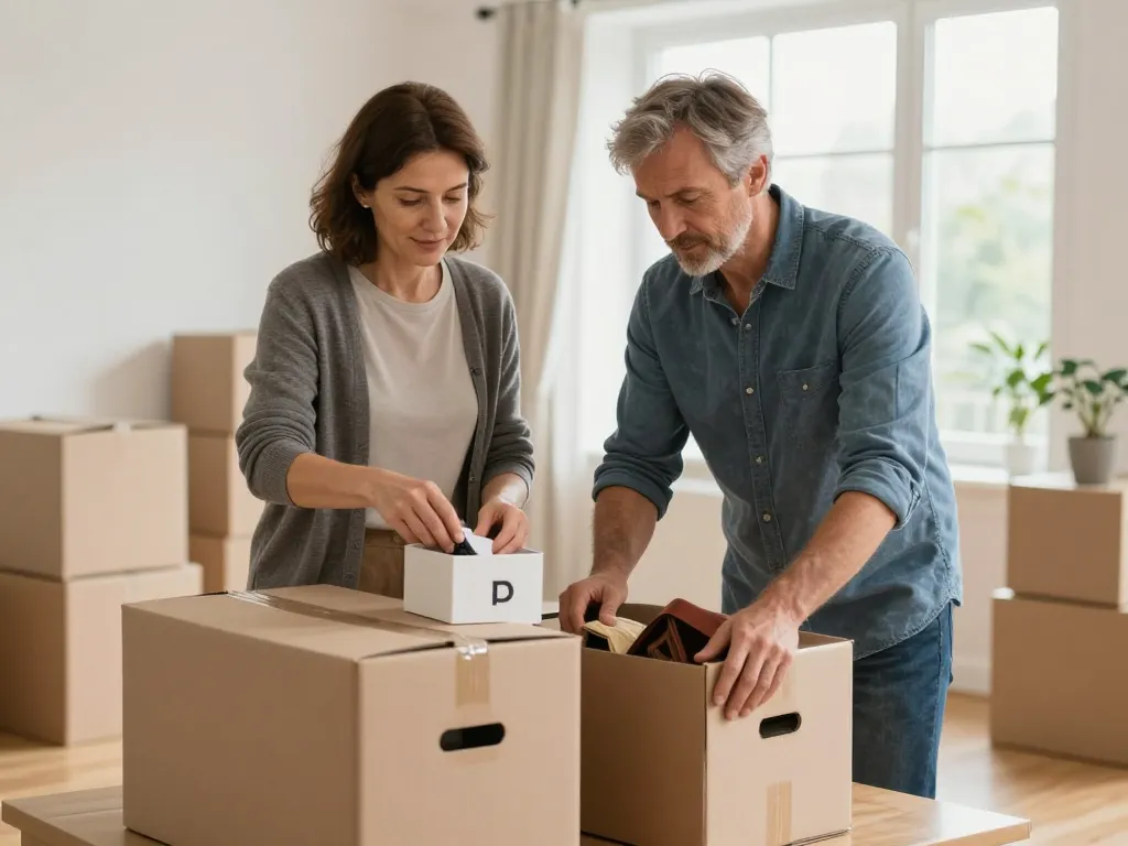 Un homme et une femme organisant le tri d'objets personnels dans une maison lors d'un débarras de succession dans les Yvelines.