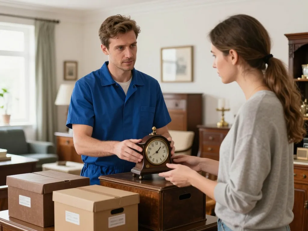 Un expert en débarras aide une personne à évaluer des objets de valeur et des meubles anciens dans un salon lumineux pour une prestation de succession.