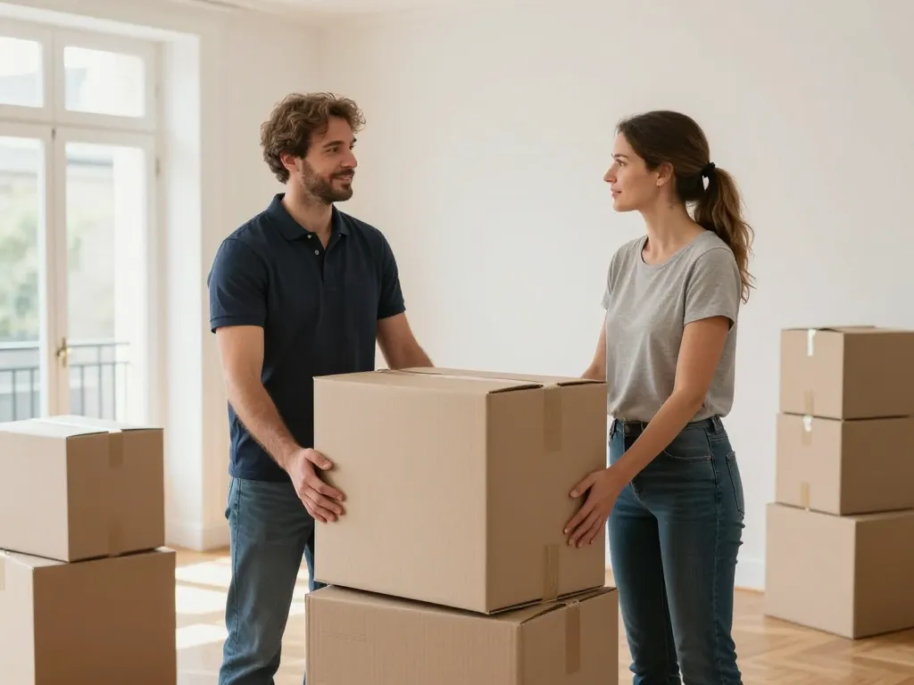 Équipe de professionnels du débarras et déménagement organisant une succession dans un appartement rempli de cartons.