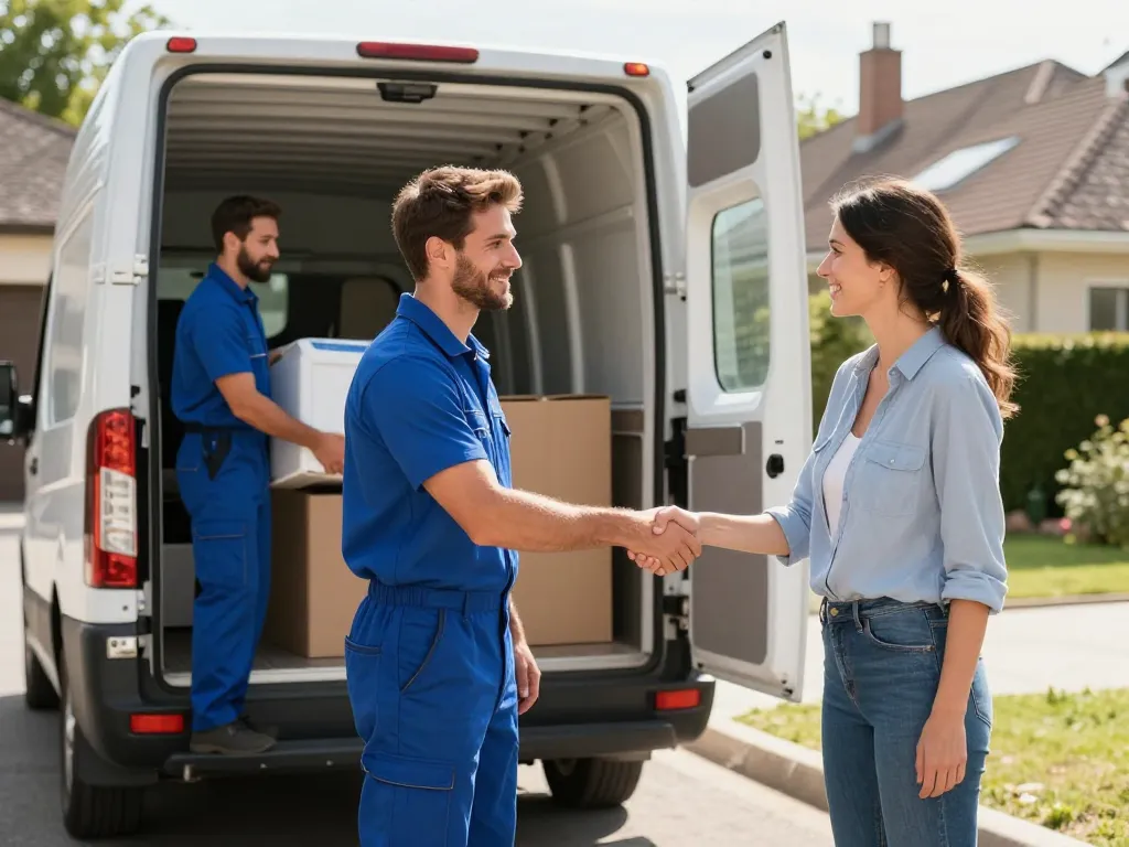 Équipe de professionnels du débarras de maison intervenant rapidement devant un pavillon en Île-de-France pour un client satisfait.