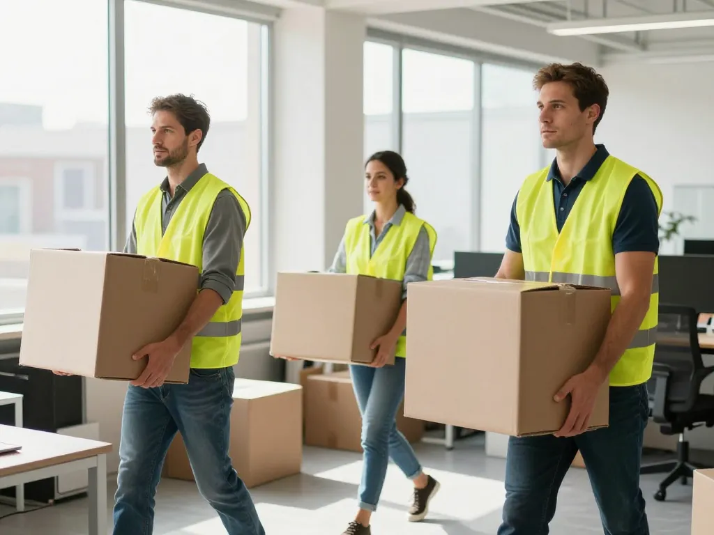 Équipe de débarras professionnelle en action vidant des bureaux encombrés avec efficacité en Île-de-France.