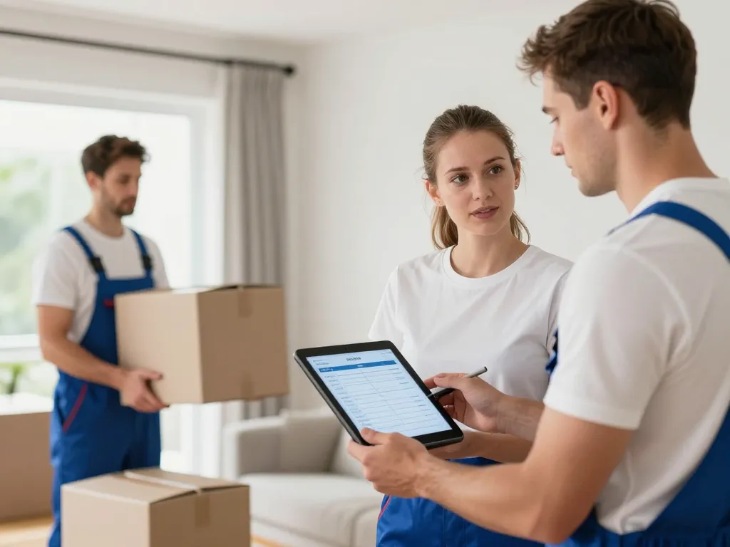 Équipe de professionnels du débarras en uniforme présentant un devis transparent sur une tablette numérique dans un appartement bien rangé.
