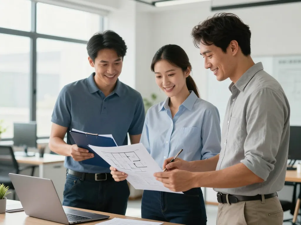 Équipe d'experts professionnels souriants collaborant sur un projet de débarras dans un bureau moderne et lumineux.