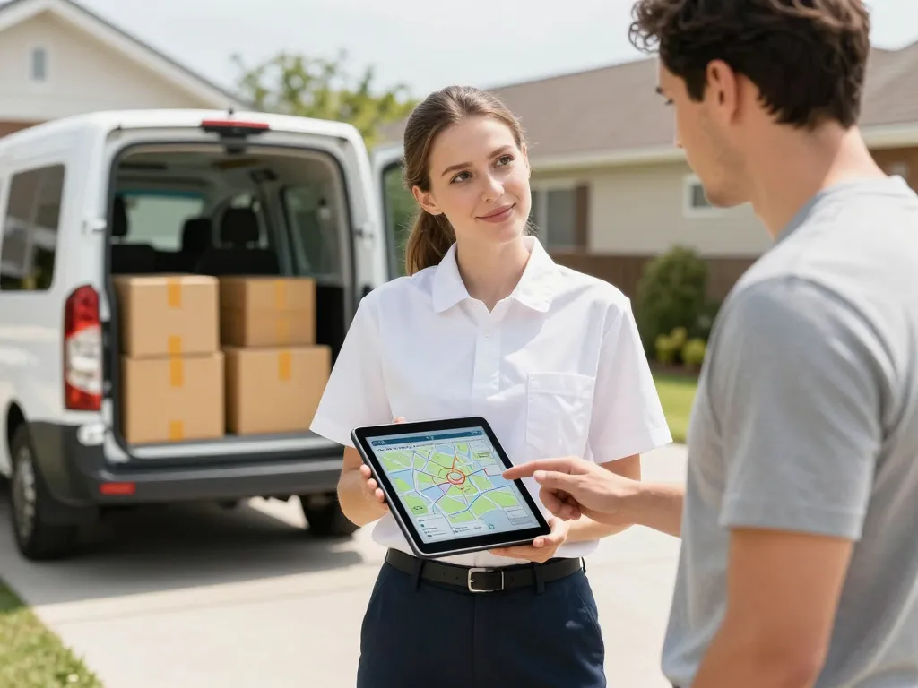 Conseiller professionnel montrant une estimation de prix sur une tablette numérique devant une habitation en cours de débarras.