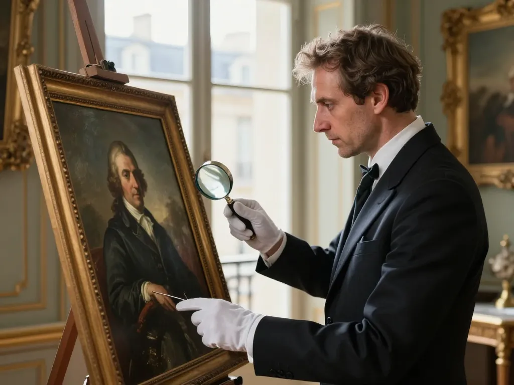 Expert en antiquités examinant avec attention une peinture ancienne à l'huile dans un salon élégant.