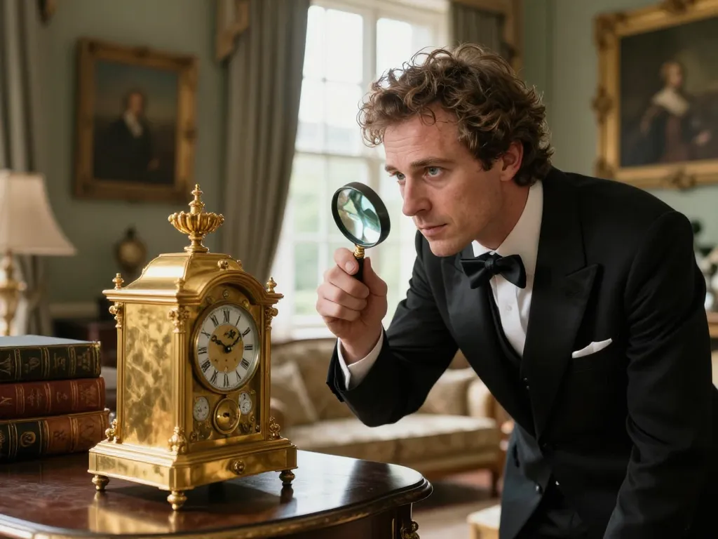 Un antiquaire professionnel examine avec soin des objets de valeur dans un salon ancien pour une expertise de succession.