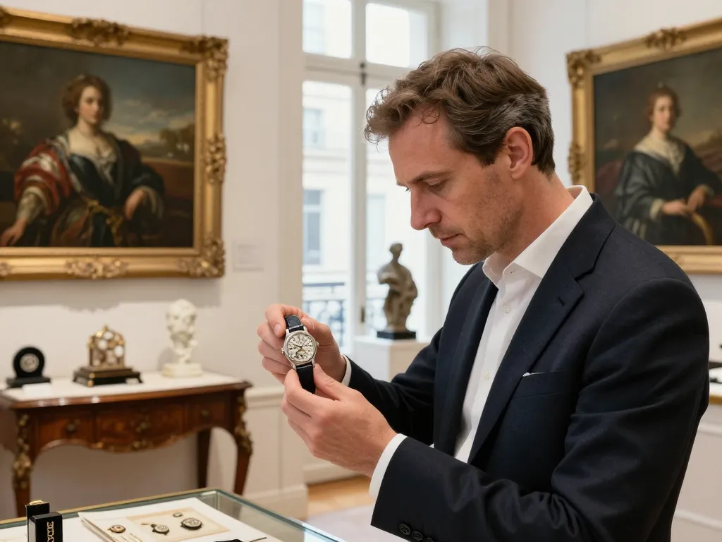 Expert antiquaire examinant une montre de luxe ancienne devant des tableaux de maîtres et des sculptures en marbre dans une galerie.
