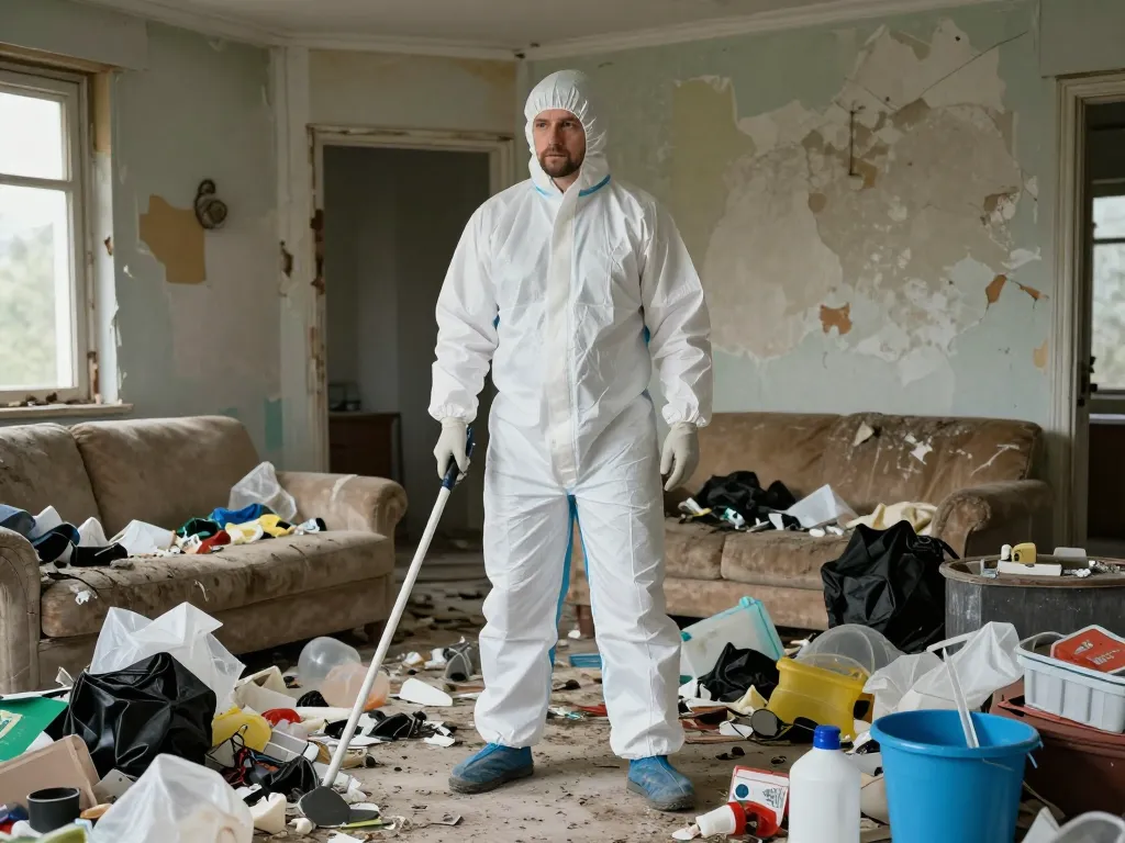 Vue d'un salon extrêmement insalubre rempli de déchets avant l'intervention d'un service de nettoyage spécialisé.