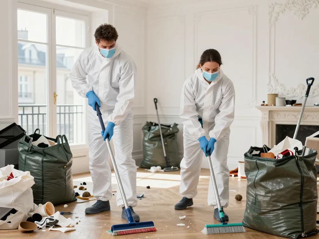 Équipe de professionnels en tenue de protection réalisant le nettoyage et le débarras d'un appartement insalubre à Paris.
