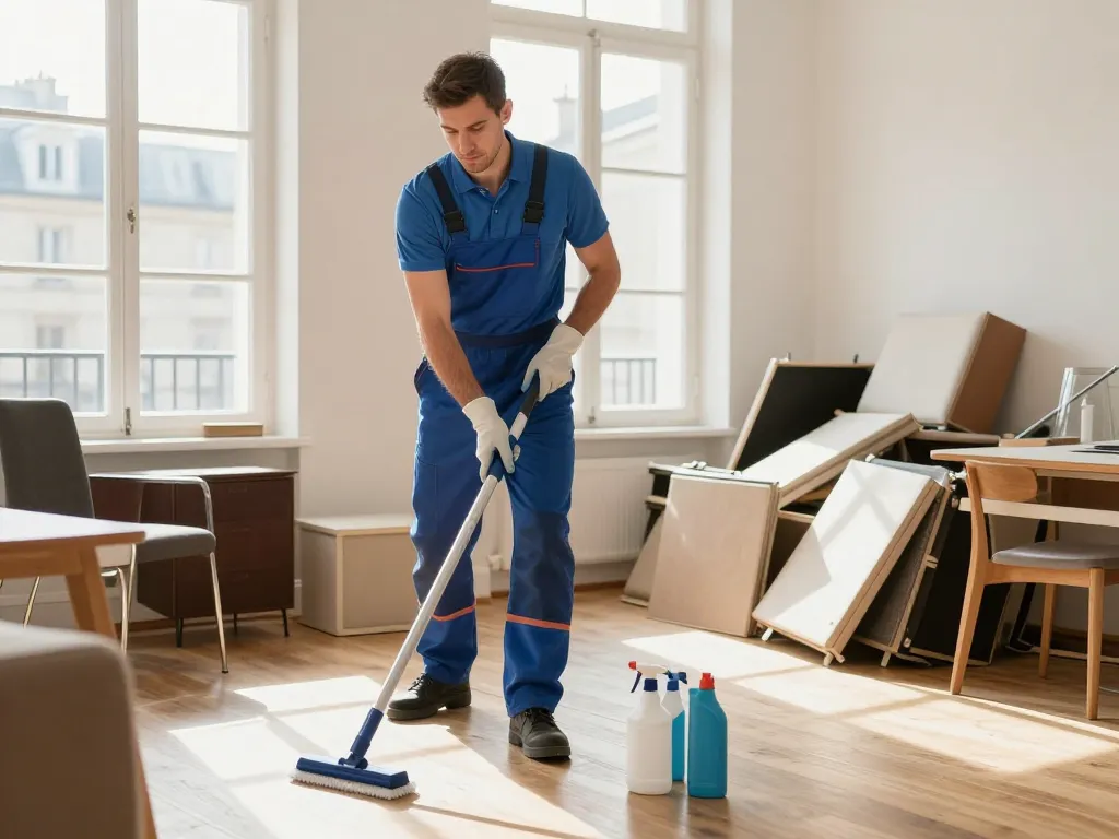 Agent de nettoyage professionnel intervenant pour un débarras complet et un nettoyage extrême dans un appartement à Paris.
