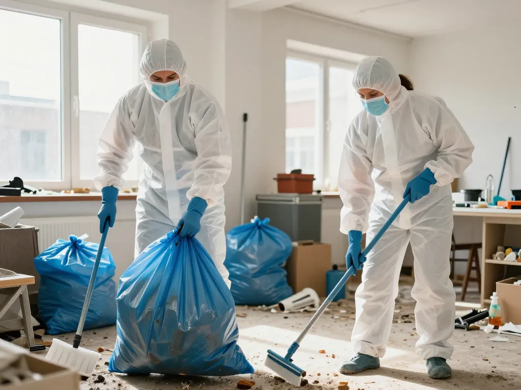 Agents spécialisés en tenue de protection réalisant un nettoyage intensif et un débarras de logement insalubre.