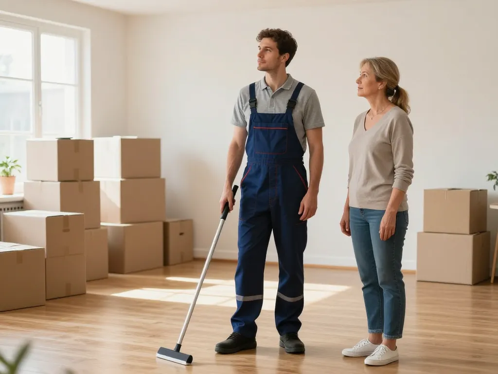 Un agent de nettoyage professionnel et une cliente dans un appartement vide et propre lors d'un débarras de succession.