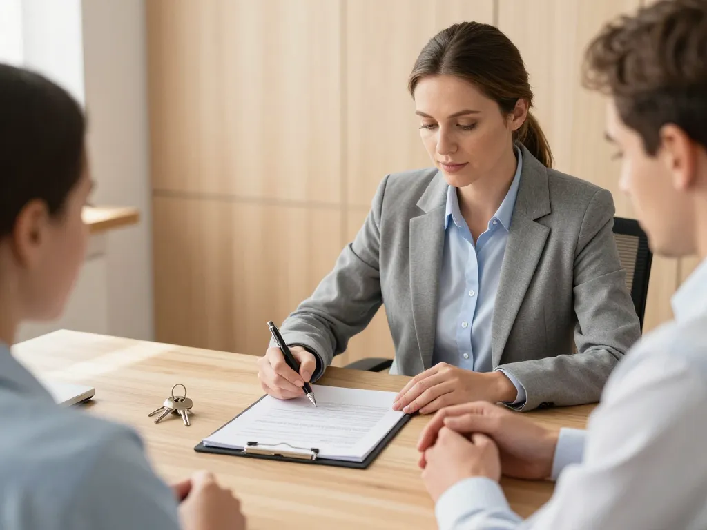 Un notaire et une femme organisant les démarches administratives pour le débarras d'une succession après un décès.