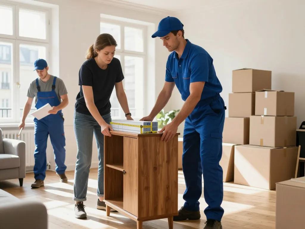 Équipe de professionnels en plein travail de débarras et de tri de meubles dans un salon encombré.