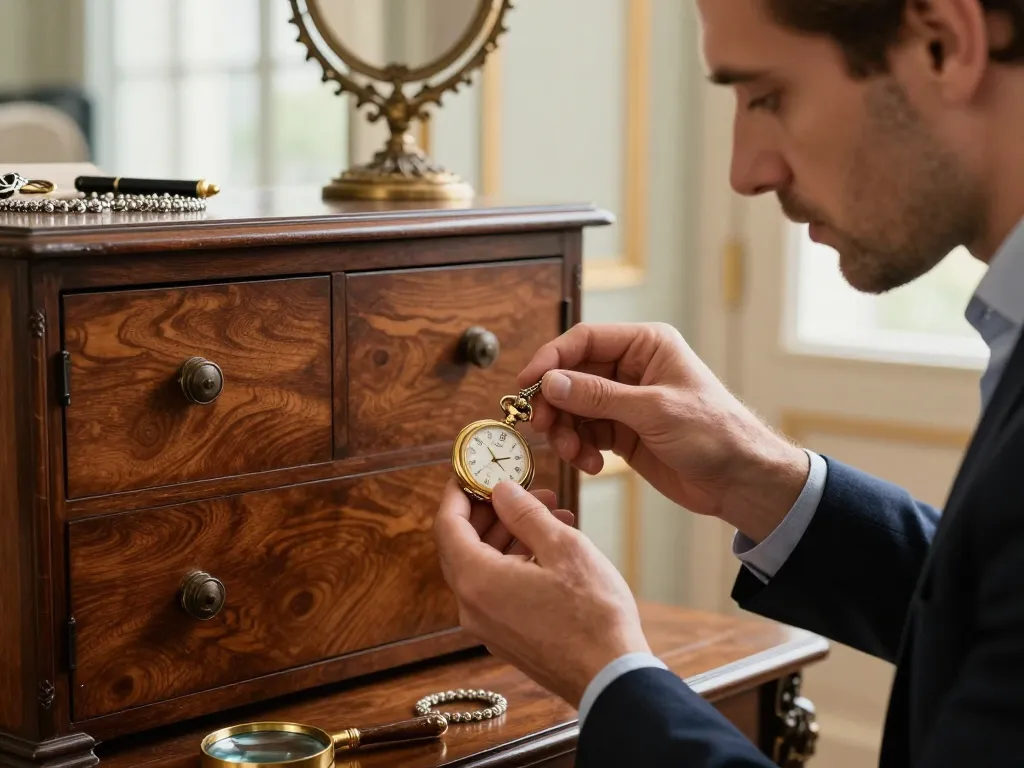 Expertise professionnelle d'une montre de luxe ancienne et de mobilier d'époque dans un salon raffiné.