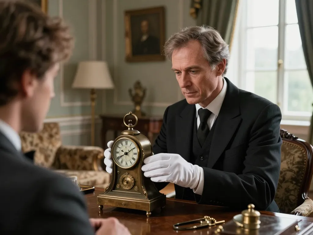 Expert brocanteur examinant avec soin une pendule ancienne en bronze lors d'une estimation dans un salon classique élégant.