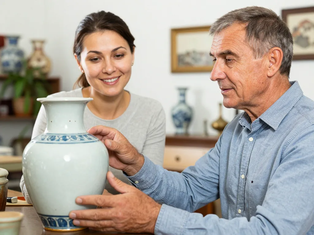 Expert brocanteur évaluant un vase de valeur avec une cliente dans un intérieur lumineux pour un service de rachat d'antiquités.