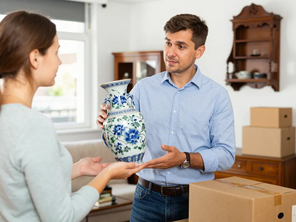 Un expert brocanteur évalue un vase ancien avec un client dans un salon lumineux pour un service de rachat d'antiquités.