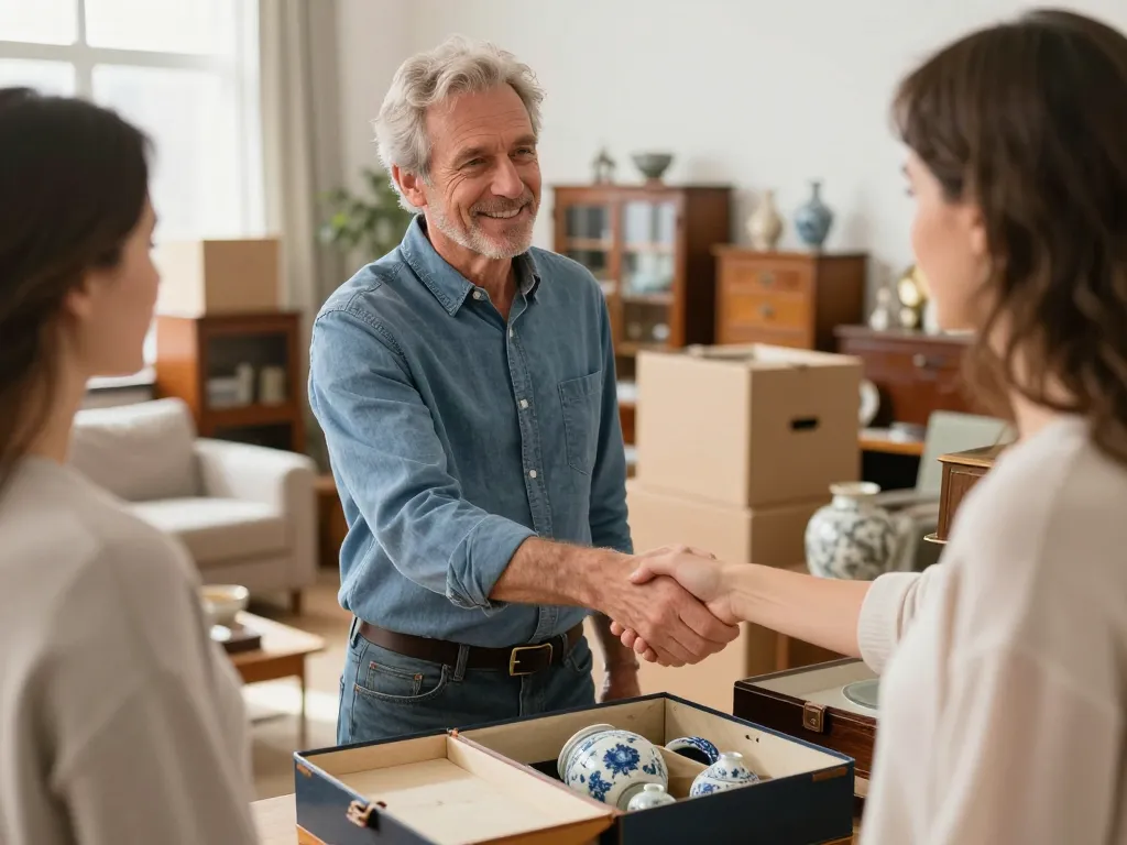 Brocanteur professionnel estimant des objets de valeur et serrant la main d'une cliente dans un salon lumineux lors d'un rachat d'antiquités.