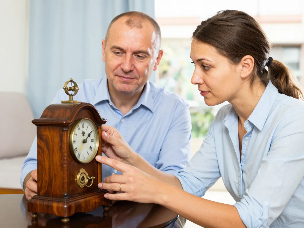 Expert brocanteur estimant une horloge de valeur avec une cliente lors d'un service de débarras et rachat d'antiquités.