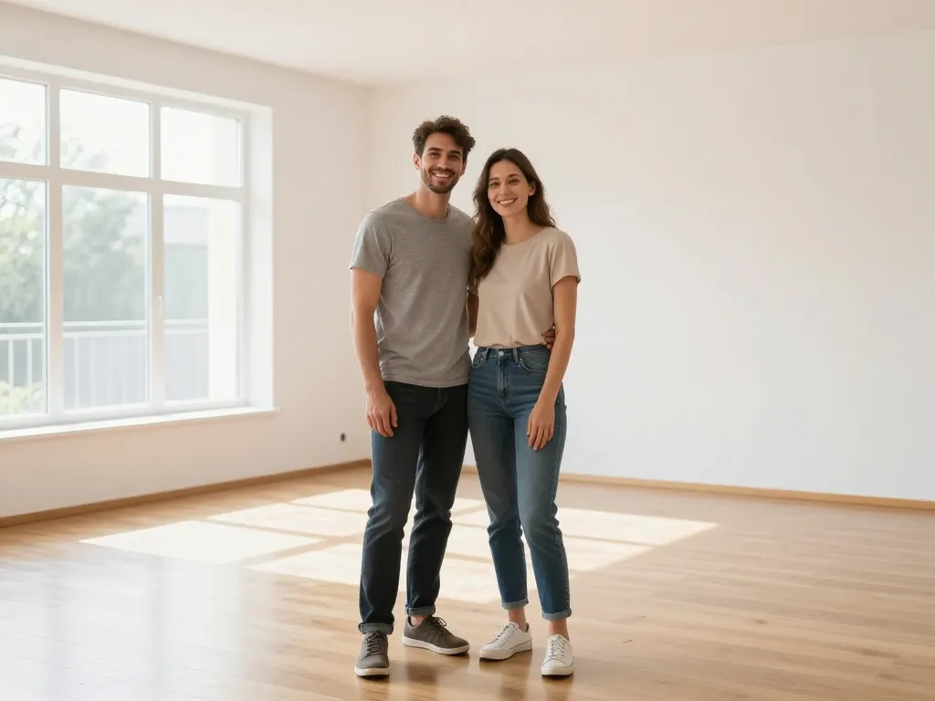 Un couple souriant dans un salon spacieux et parfaitement rangé après un service de débarras complet.