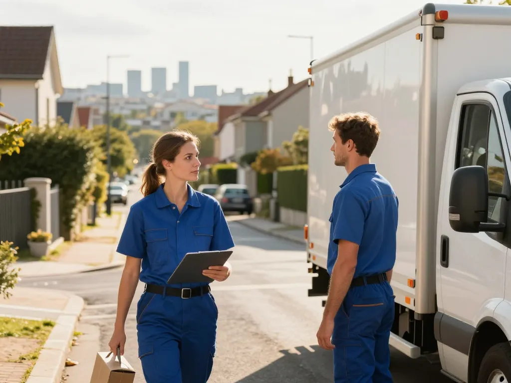 Équipe de débarras professionnelle chargeant un camion dans une rue résidentielle de Seine-et-Marne avec vue sur Paris.