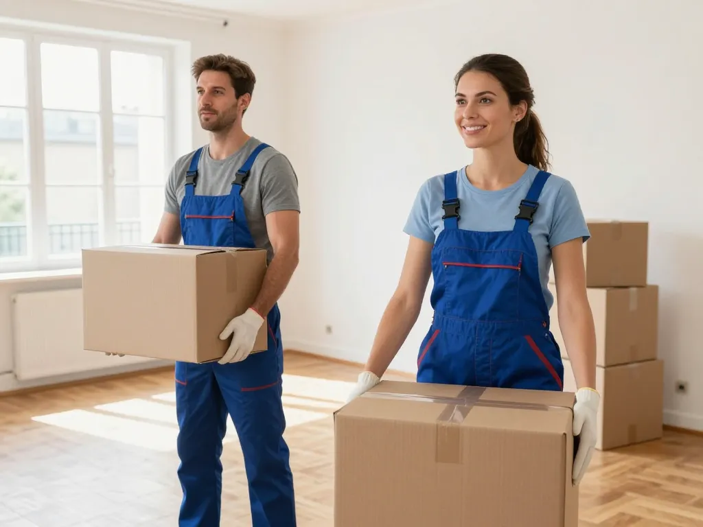 Équipe professionnelle de débarras en train de vider un appartement parisien spacieux et lumineux.