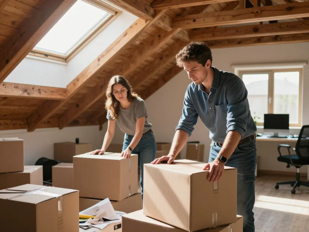 Une équipe de professionnels du débarras en plein travail pour vider et organiser un grenier en vue d'un aménagement de bureau.