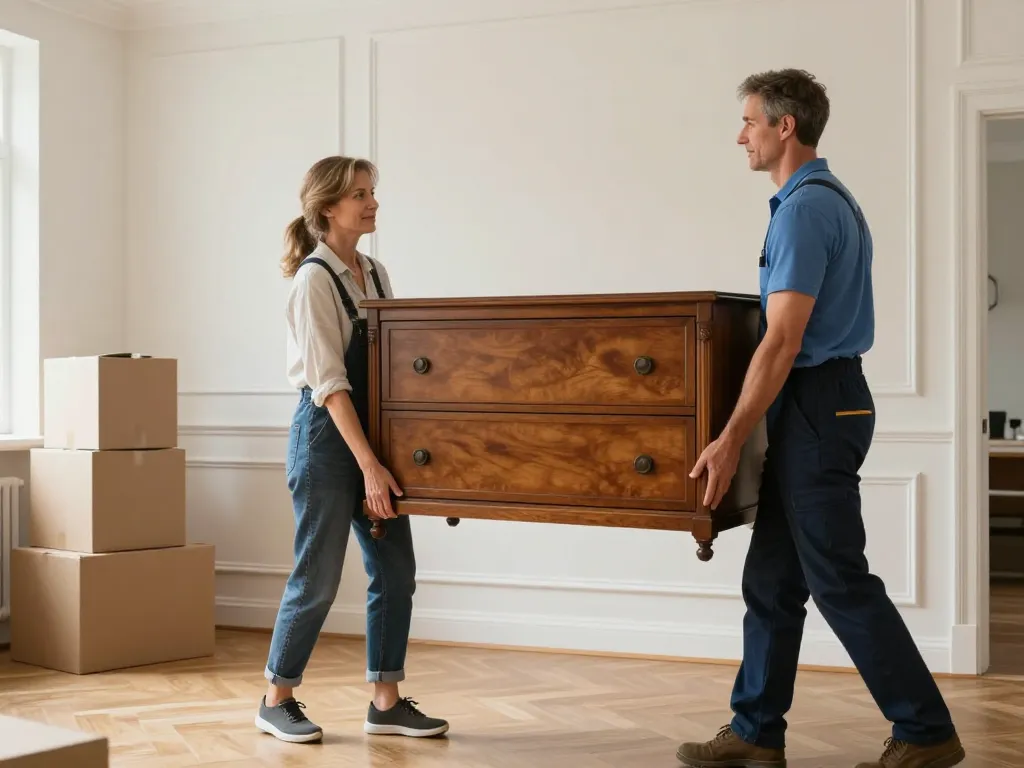 Professionnels du débarras déplaçant avec soin un meuble ancien dans un appartement lumineux lors d'une prestation de succession.
