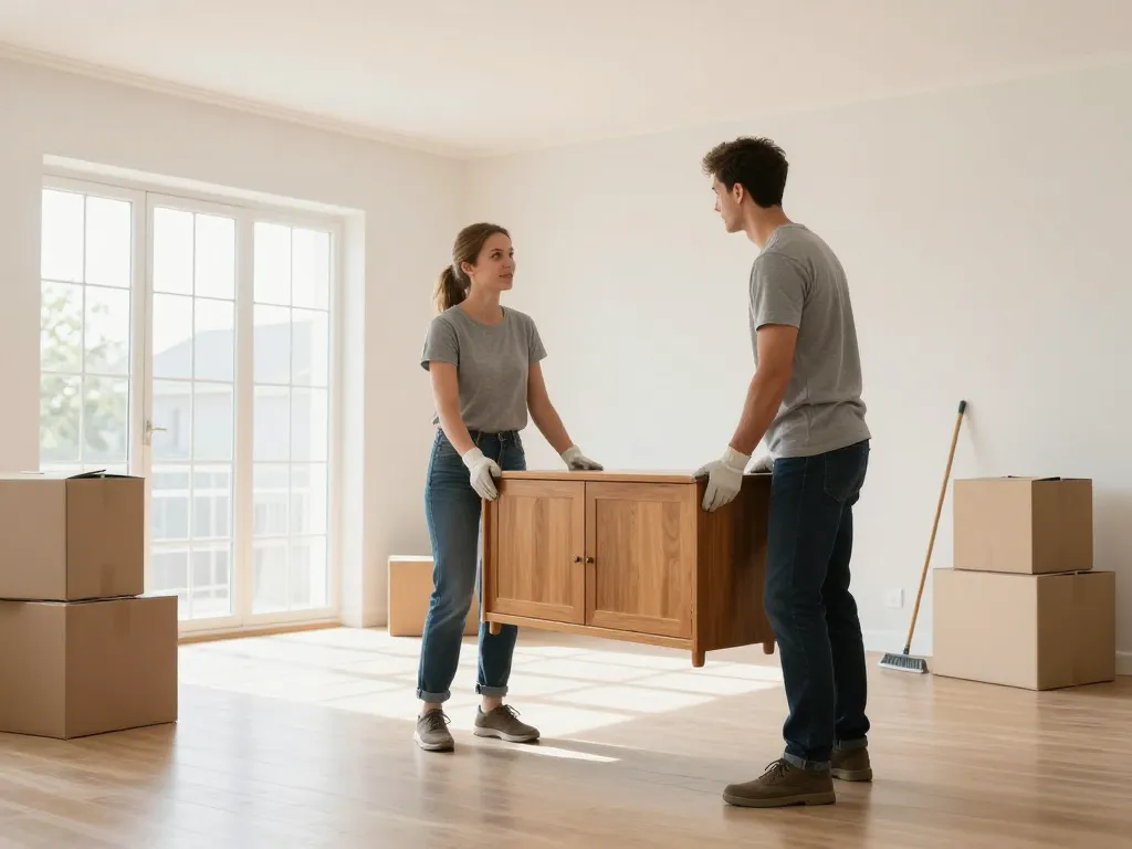 Deux professionnels du débarras s'activent avec soin pour vider un salon lumineux et spacieux dans une maison propre.