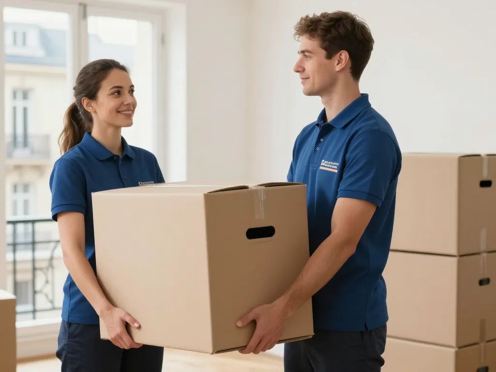 Équipe de professionnels du débarras en plein travail d'évacuation dans un appartement parisien lumineux.