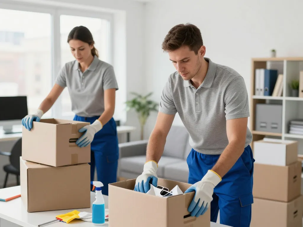 Équipe de professionnels du débarras intervenant avec efficacité pour vider et nettoyer un local encombré.