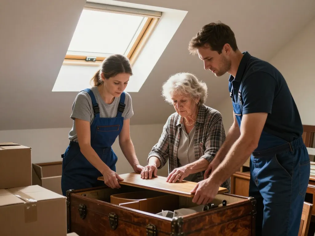 Équipe de professionnels du débarras aidant une cliente à trier et vider un grenier encombré lors d'une succession.